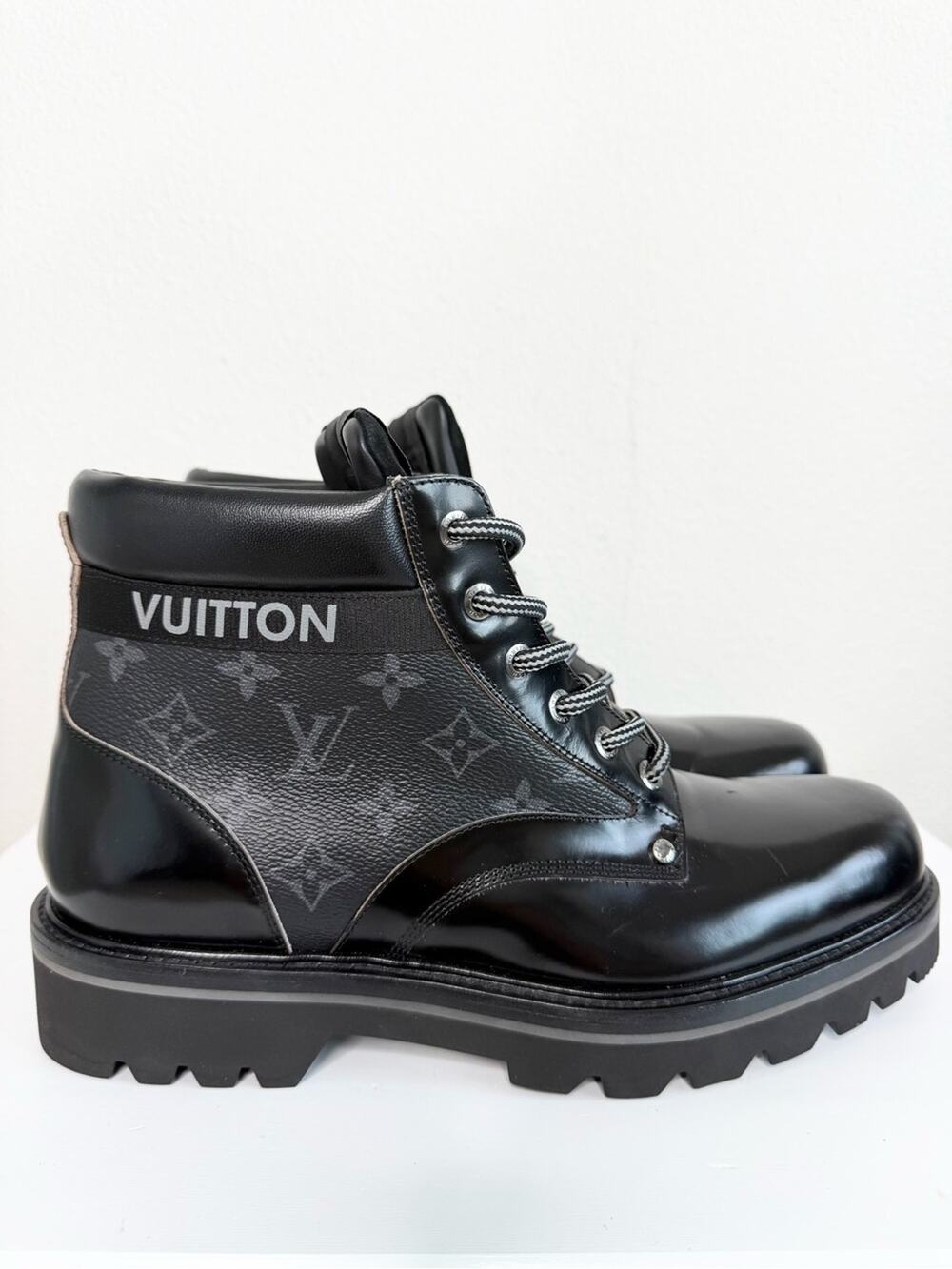 Louis Vuitton Eclipse Monogram Combat Boots Black Leather Ankle Lace Up Size 10